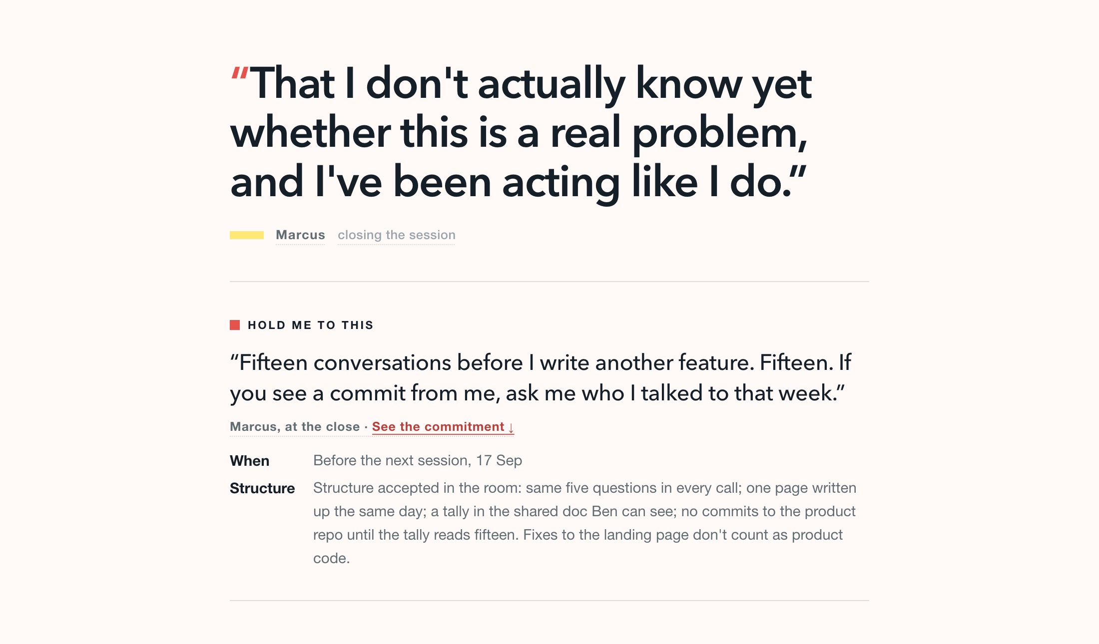 A session notes page: the client's closing takeaway as a headline quote, then the one commitment they asked to be held to, with a Share to your AI button